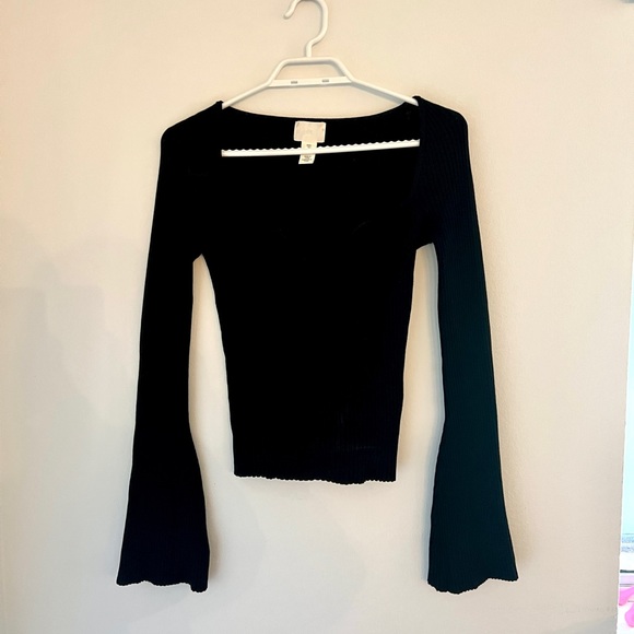 Rib-Knit, Black Sweater Shirt with Sweetheart Neckline and Bell Sleeves - Picture 3 of 5